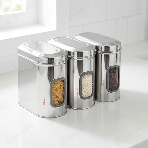 Image of Ebun Stainless Steel See Through Containers | Stainless Steel Container with Lid | Capsule Shape Steel Kitchen Containers Set | Steel Airtight Container | 1.5 Kgs Capacity Approx | Pack of 3