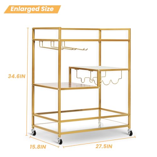 SULIVES Gold Bar Carts with 4 Tier Shelves, Rolling Serving Bar Cart with Wine Rack and Tempered Glass Holder, Home Bar Carts & Wine Carts on Lockable Wheels for Kitchen, Party,Dining Room