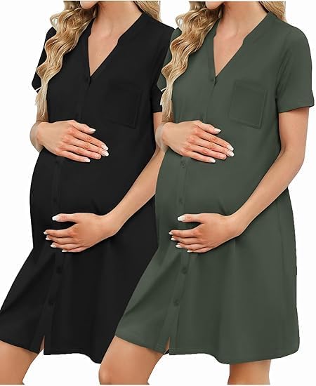ELESOL 2 Pack Maternity Nightgown Button Down Nursing Gown 3 in 1 Breastfeeding Sleepwear V Neck Short Sleeve Delivery Dress