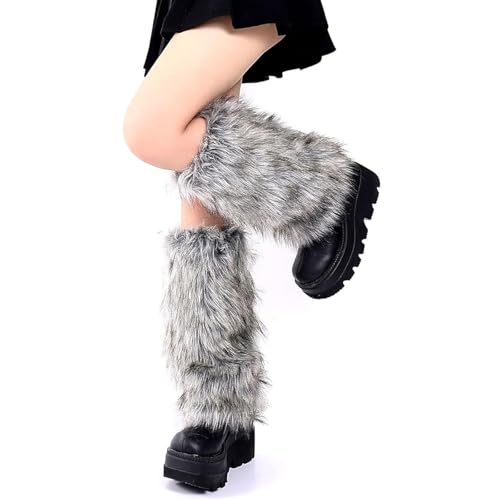 Muorruo Flauschige Leg Warmers Lange Furry Stulpen beinstulpen Warme Fur Boots Abdeckungen für Frauen und Mädchen für 80er Party Festival Cosplay und den Winteralltag (Grau)