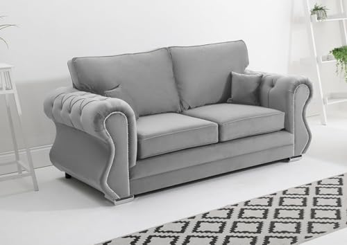 Image of Sofahub Falcon Silver 3 Seater Sofa | Plush Fabric Sofa Settee Couch Lounge Sofa Living Room Furniture Chrome Legs | Foam Cushions | Premium Upholstered Couch | Button Detailing & Silver Stud Trim