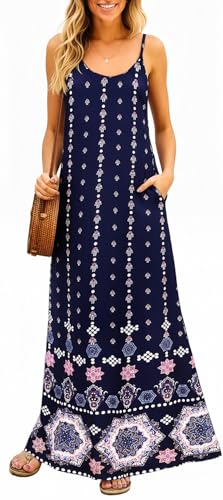 Image of Supnier Women's Summer Maxi Dress Casual V-Neck Sleeveless Bohemian Spaghetti Strap Floral Long Maxi Dress with Pockets