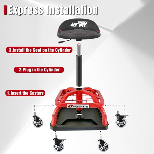 FreekyFit Rolling Shop Stool with Wheels, Garage Work Mechanic Stool with Backrest, Roller Mechanic Chair, Adjustable Height, 360° Swivel, Tool Tray Storage, 330 LBS Capacity, Heavy Duty, Red by FreekyFit - Image 9