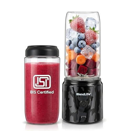 Image of BlendLife GO Portable Blender Juicer Mixer, 420ml, Proudly Made in Bharat, 32 Blades, 7.4V & USB-C Rechargeable 2000mAh Battery, BIS Certified, Includes FREE Extra Jar, BPA-Free (Camo Black)