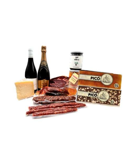 DEGUSTA TERUEL. Lote Navideño con Jamón, Vino, Cava, Melocotón, Embutido, Queso, Turrón y Olivas Negras