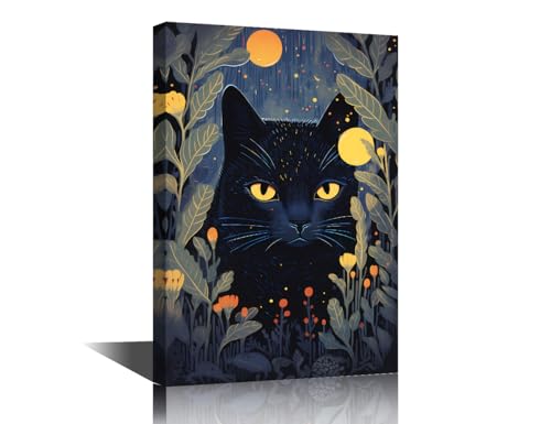 Toile murale chat et lune tableau chat noir déco moderne