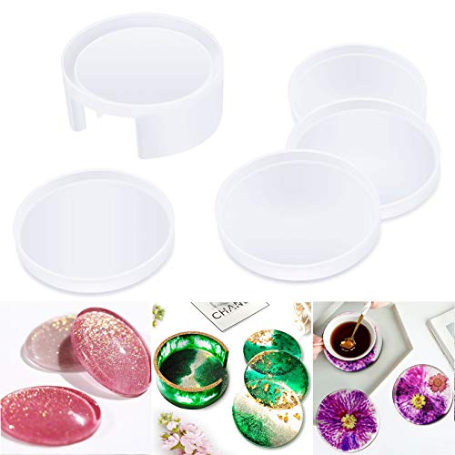 Coaster Resin Molds, Funstorm 4PCS Coaster Silicone Molds for Epoxy Resin with Storage Box Mold, Upgraded Coaster Molds for Resin Casting, Epoxy Resin Molds for DIY Resin, Cups Mats, Home Decoration