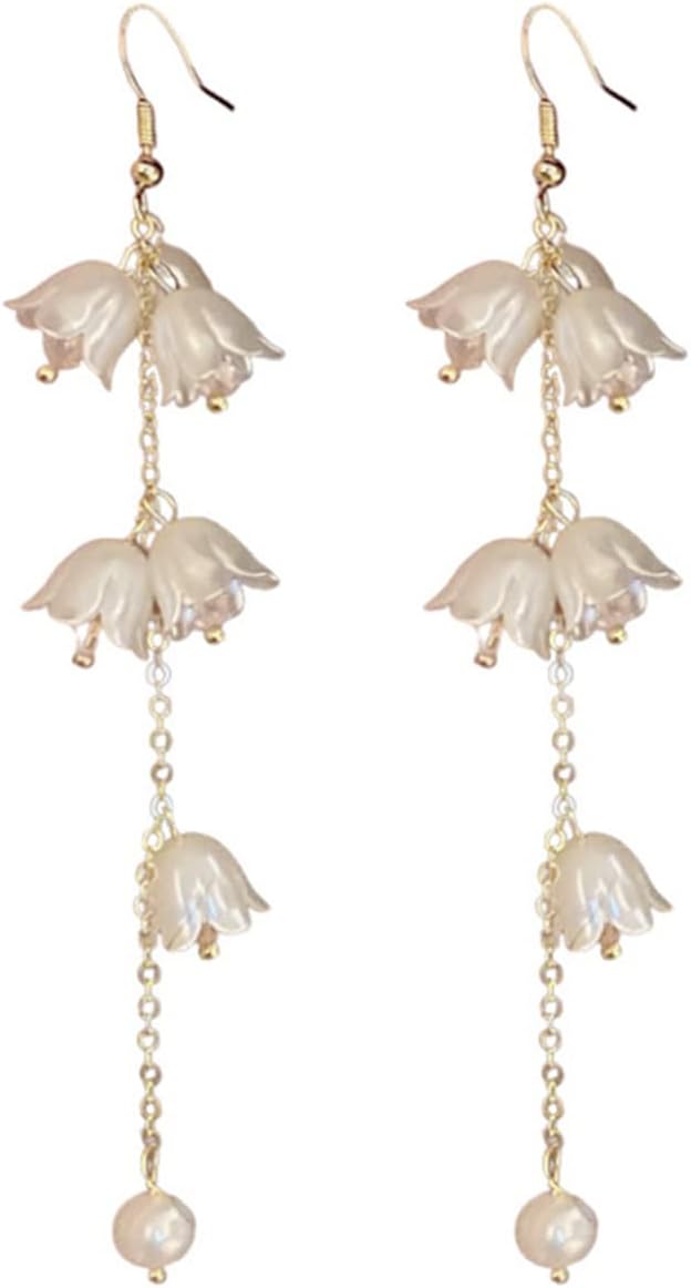 Bell Orchid Flower Drop Dangle Earrings Dainty Lily of the Valley Crystal Threader Tassel Earrings for Women