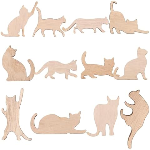 Lurrose 12 Pcs Unfinished Wooden Cat Cutouts Blank Cat Shape Pieces Wooden Animal Slices Hanging Ornament for DIY Crafts Halloween Christmas Party Decor Cover
