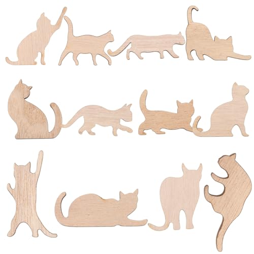 Lurrose 12 Pcs Unfinished Wooden Cat Cutouts Blank Cat Shape Pieces Wooden Animal Slices Hanging Ornament for DIY Crafts Halloween Christmas Decor