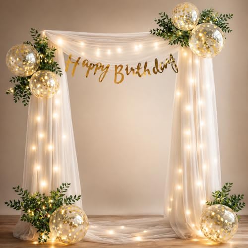 Image of Just Party Happy Birthday Decoration Kit - 21 Pcs with Balloons for Birthday Decoration, Net Curtain for Backdrop & Fairy Lights | Happy Birthday Banner & Decoration Kit