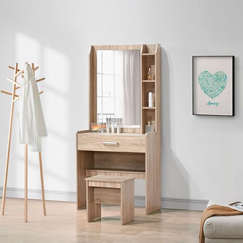 Danube Home Supreme 1 Drawer Tall Dresser With Stool | Durable Vanity Table | Dressing Makeup Desk With Storage | Modern Design Bedroom Furniture L79.5xW40.5xH169.5cm - French Sonoma Oak