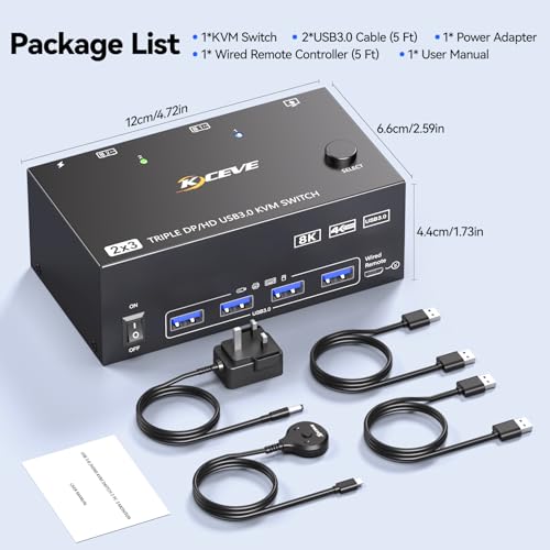 KVM Switch 3 Monitors 2 Computers 8K@60Hz 4K@144Hz, HDMI Displayport KVM Switch Triple Monitor for 2 PC Share 3 Monitor and 4 USB3.0 Devices,Wired Remote and USB Cables Included - Image 8