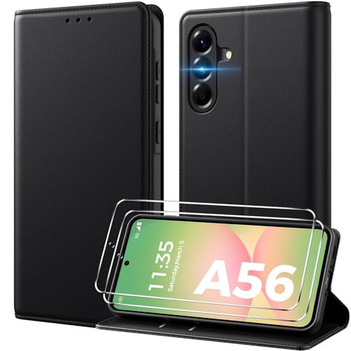 Peakally Handyhülle für Samsung Galaxy A56 5G Hülle [Mit 2 Stück Panzer Schutz Glas] [Premium PU Leder] [Kartenfach] [Ständer] Klapphülle Kompatibel mit Galaxy A56 - Schwarz