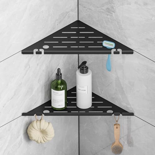 Permanent Built-in Corner Shower Shelves with Hooks, Modern 304 Stainless
