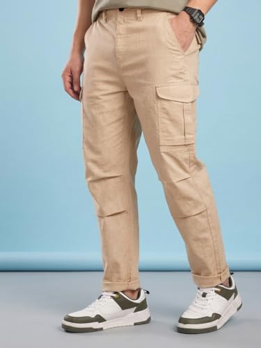 Image of Vogaan Men Cotton Linen Blend Cargo Pants | Mid Rise Regular Fit Casual Trousers | Multi Pocket Utility Bottom Wear | Comfortable Breathable Fabric Travel Outdoor Styling