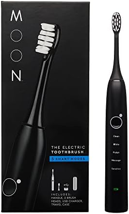 Moon Sonic Electric Toothbrush for Adults, 5 Smart Modes to Clean, Whiten, Massage and Polish Teeth, Rechargeable with Travel Case and 2 Toothbrush Heads, Black