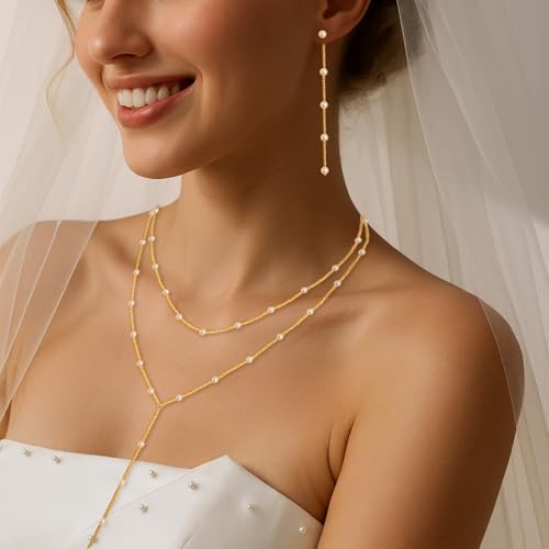 Gold Jewelry Set for Women - Dainty 14K Gold Plated Pearl Necklace and Earring Set with Drop Earrings, Bracelets, Choker Necklace - Wedding Jewelry Gift3