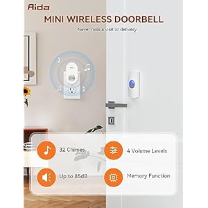   AIDA-Mini-Wireless-Doorbell-Home-Waterproof-Doorbell-600ft-Range-Cordless-Door-Bell-Ringer-4-Volume-Levels-with-32-Doorbell-Chimes-White-Doorbell-with-1-Button-1-Receiver