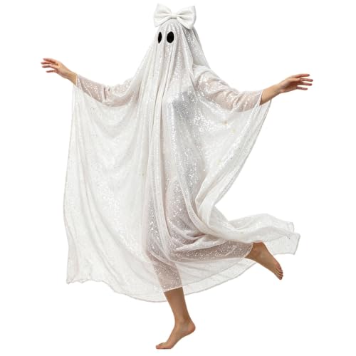 Women Sparkly Ghost Costume Halloween Ghost Poncho Dress Cosplay Outfit - image 4