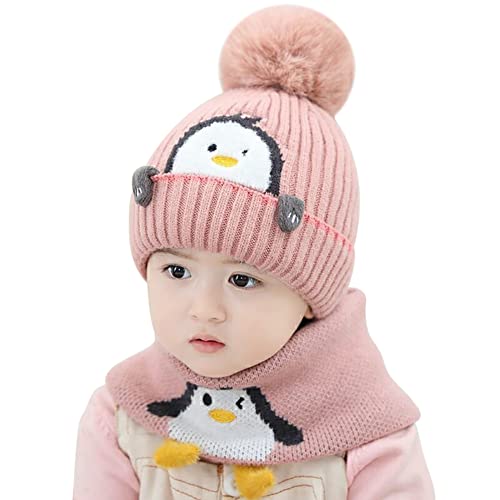 Kids Winter Hat and Scarf Set, Penguin Pattern Warm Wool Beanie Hat and Scarf for Infant Toddler Boy Girl 1-4 Years Old