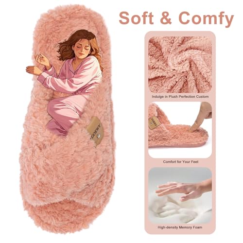 Image of GOEWY Fuzzy Open Toe Slippers for Women Cozy Memory Foam House Shoes Indoor | Cute Cross Band,Soft Faux Fur,Anti-slip Sole Outdoor,Machine-washable,Lightweight,Slip on Gifts for Women,Mom and Bridesmaid