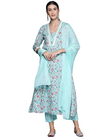 Varanga Women Blue Floral Printed A-Line Kurta With Three Quarter Sleeves Paired With Printed Bottom And Solid Chiffon Dupatta
