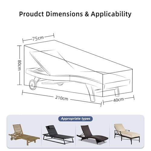 Supwish Patio Chaise Lounge Covers, Waterproof Lounge Chair Covers UV Resistant, Heavy Duty Outdoor Patio Furniture Cover for Poolside Beach and Garden Sunbed, All Weather Protection, 210x75x40/80cm
