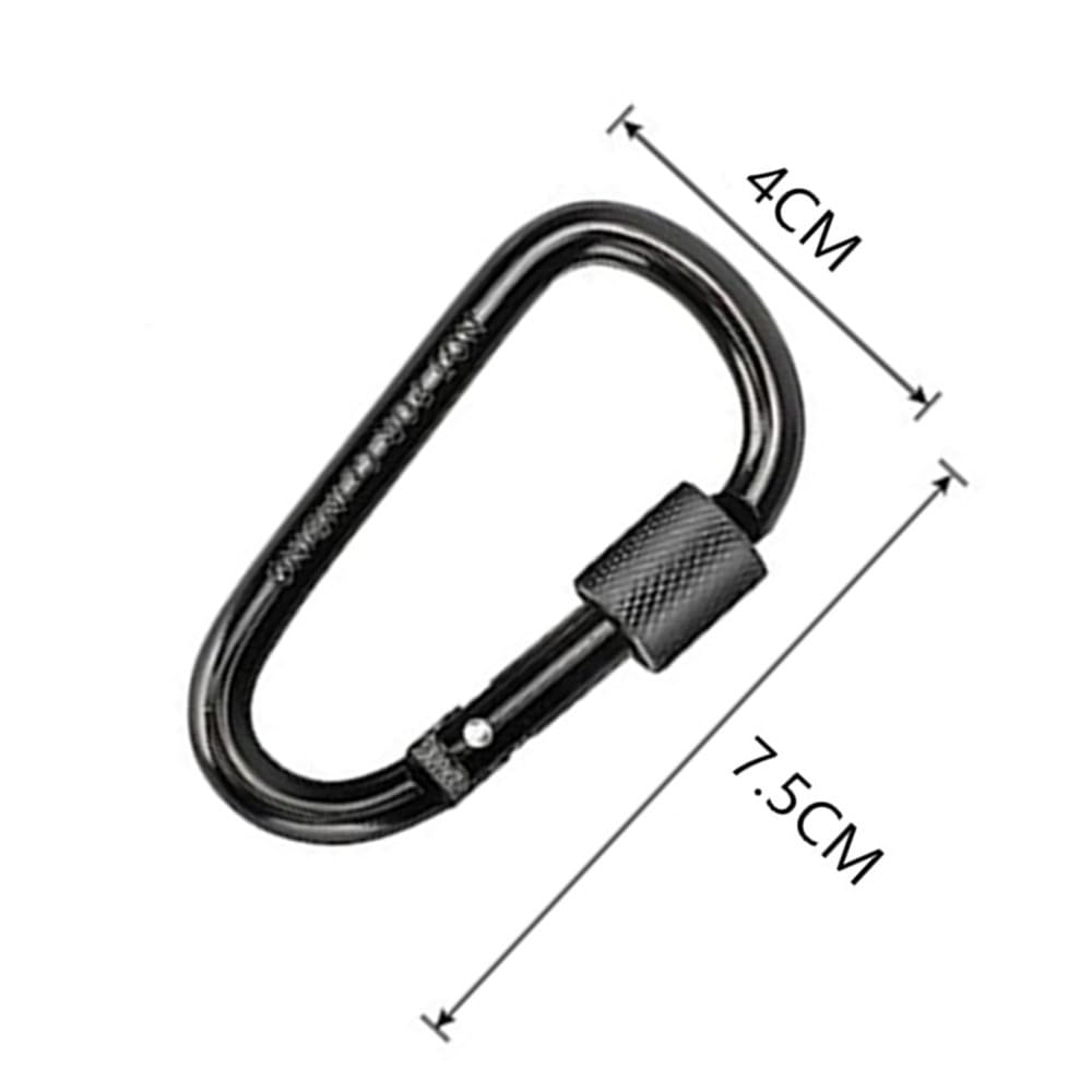 6 Pezzi Moschettone in lega di alluminio, Moschettone multifunzione, Moschettone con chiusura a vite, Nero, D Forma, 7.5x4 cm, Per attività all'aria aperta e viaggi