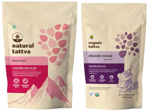 Image of Natural Tattva Rock Salt, 1kg & Organic Tattva All Natural 'Sugar', Zero Chemicals, Organically Processed, from Freshly Squeezed Sugar Cane Juice (1 Kg, Pouch)