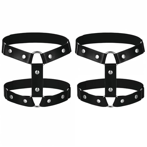 Lusofie Leder Strumpfband 2 Stück Leder Bein Strumpfband Schwarz Strapsgürtel Breit Verstellbar Punk Halloween Rave Karneval Cosplay Party Zubehör...