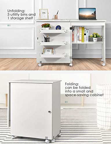Kealive Foldable Sewing Table, Sewing Craft Cart with Adjustable Storage Shelves and Lockable Casters, Easy Assemble Multi-Function Wood Sewing Desk for Small Space, White