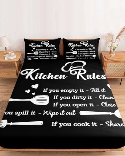 King Fitted Sheet Deep Pocket, Kitchen Rules Black and White Soft Microfiber Brushed Bed Sheet & Pillowcase Set, Kitchens Utensils Appliances Hotel Luxury Fitted Bottom Sheets All Around Elastic