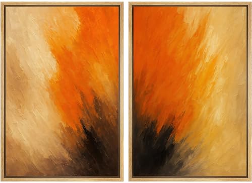 SIGNLEADER Framed Canva Print Wall Art Set Orange and Brown Abstract Vibrant Brushstroke Illustrations Modern Relax/Calm Multicolor for Living Room, Bedroom, Office - 16"x24"x2 Natural