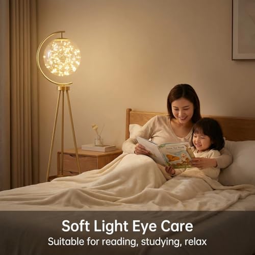 Image of Floor Lamp for Living Room | 3-Color CCT (Warm + Natural + Cold White) | Gold Metal Tripod with Glass Globe | LED Standing Lamp