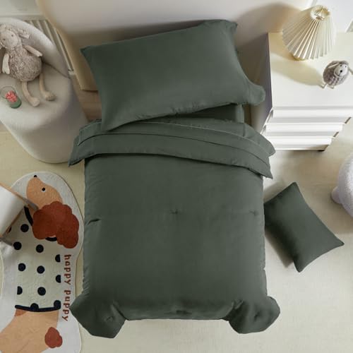 Image of Kids Comforter Sheet Set - Soft and Breathable Bed Set Includes Quilted Comforter, Fitted Sheet, Flat Top Sheet, Pillowcase and Toddler Pillowcase for Toddler - 5 Pieces Toddler Bedding Dark Green