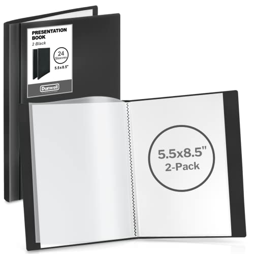 Dunwell Small Presentation Book 5.5x8.5 (2-Pack Black) 24 Pockets Display 48 Half Size Pages Plastic Binders with Sleeves 5.5 x 8.5 Mini Booklets Acid-Free Poly