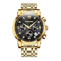 PINDOWS Mens Watches Retro Two Tone Stainless Steel Luxury Quartz Date