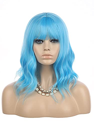 eNilecor Blue Wig Short Curly Bob Wigs with Air Bangs 14