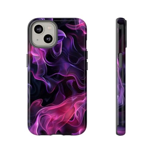 Coque iPhone 14 rigide motif flammes violettes et roses protection brillante antichoc