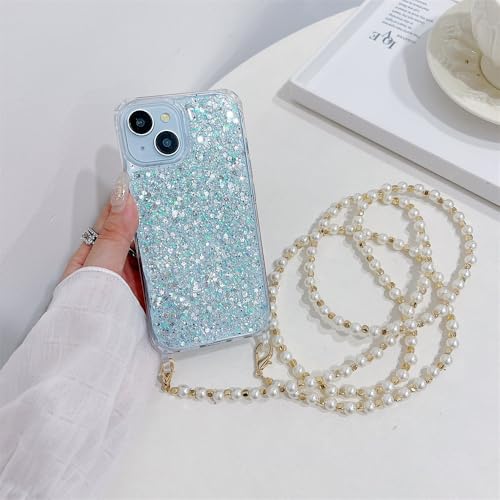 Étui iPhone 15 Pro Max avec sangle perles et coque paillettes antichoc