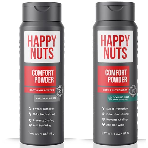 HAPPY NUTS Talc-Free Anti-Chafe Powder Bundle - All-Day Ball & Body Odor & Chafe Defense for Men (Fragrance-Free + Cooling Mint) 4oz Each