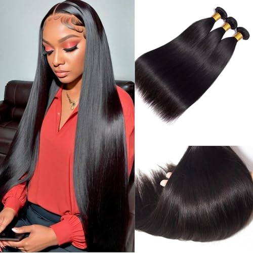 Straight Bundles Human Hair 100% Unprocessed Brazilian Virgin Hair Weave 18 20 22 Inch Bundles Human Hair Straight 3 Bundles Human Hair Extensions Double Strong Weft Natural Black
