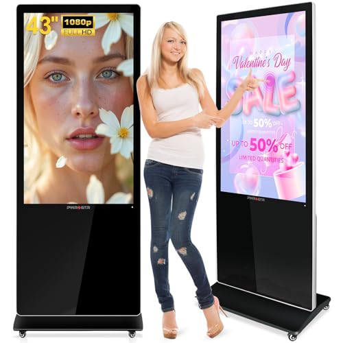 PWR4GTR 43Pro Digital Signage, Full HD PCAP Touchscreen Interactive Kiosk Indoor Advertising Display Floor Standing Android 11.0 LCD Totem with 500 Nits High Brightness, 2+32GB