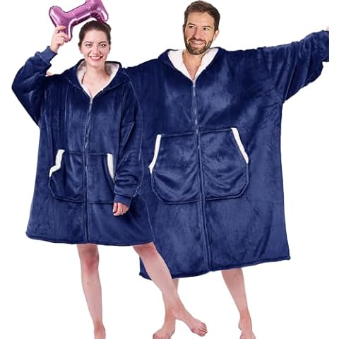 JOYWOO Wearable Blanket Hoodie, Oversized Hooded Blanket for Adult, Birthday Christmas Gifts for Women Men, Cozy Fuzzy Sherpa Sweatshirt Blanket with Giant Pocket and Zipper, Navy Blue Cover