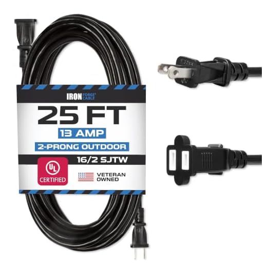 Iron Forge 25 Ft Water Resistant 16/2 Outdoor Extension Cord - SJTW Black Long Cable with 2 Prong Polarized Plug 16 AWG 13 Amps