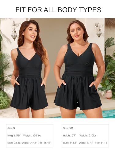 Smismivo Swim Rompers for Women Tummy Control One Piece Swimsuits with Shorts and Pockets Modest Bathing Suits Full Coverage4