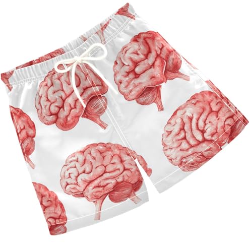 Pigsaly Boys' Swim Board Shorts Watercolor Cute Red Human Brain Body Boy's Swim Trunks Kids Swimwear XS