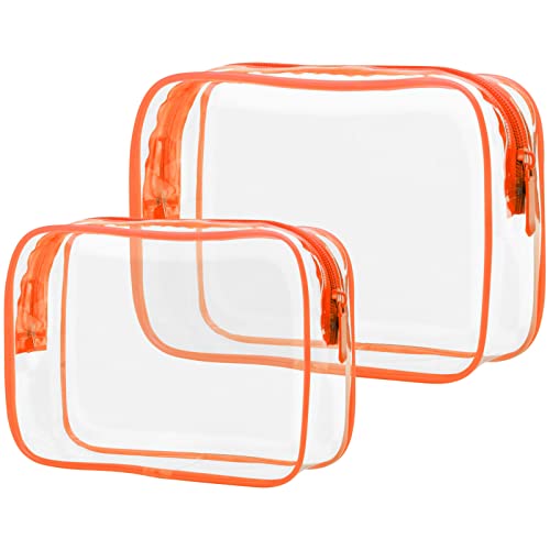Image of Clear Toiletry Bag, Packism 3 Pack TSA Approved Toiletry Bag Quart Size Bag, Travel Makeup Cosmetic Bag for Women Men, Carry on Airport Airline Compliant Bag, Orange & Orange, 2 Pack, 1 Medium, 1 Large
