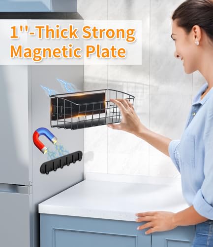 Image of 2Pack Magnetic Shelf for Refrigerator with 2 Moveable Hooks and 1 Hook Rack | Strong Magnetic Spice Rack for Kitchen Storage, Fruit Potato Onion Storage Shelves, Large Magnetic Basket Organizer